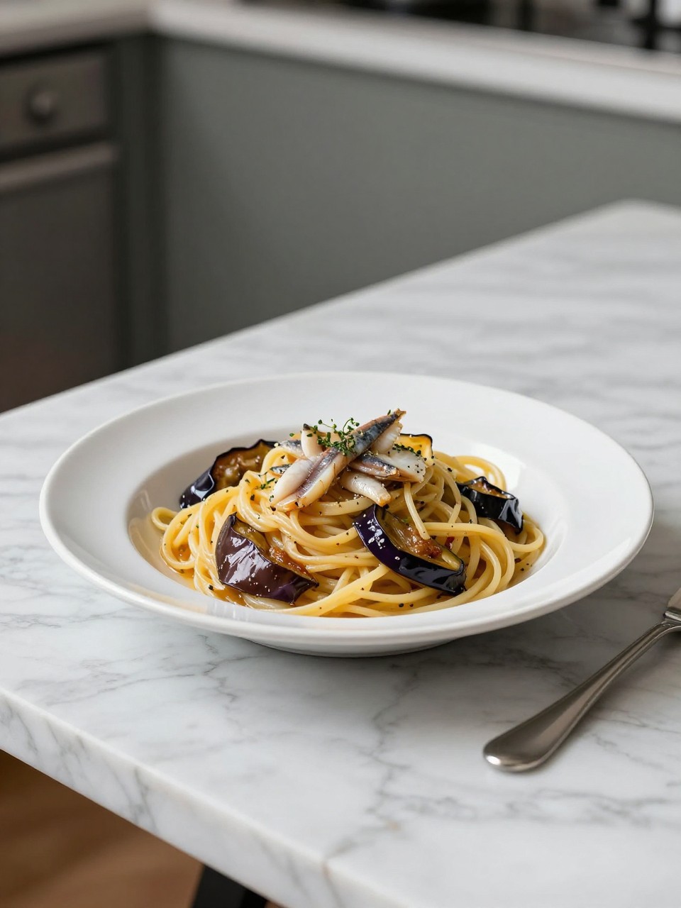 An overheard picture view of a plate of Sicilian Pasta with Eggplant and Anchovies sitting on a marble countertop table in the kitchen, professional food photography style.