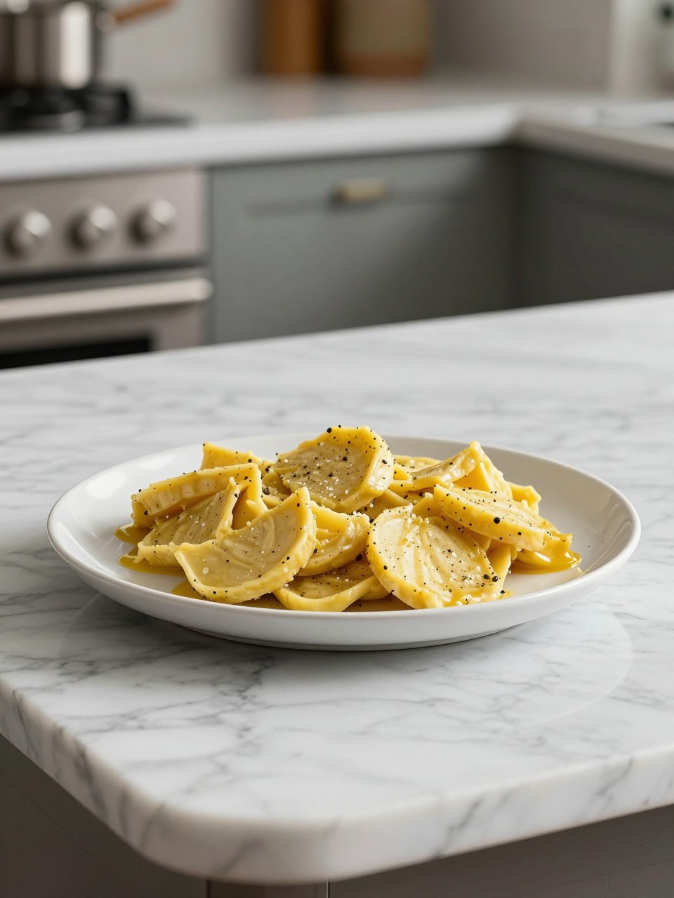 An overheard picture view of a plate of Migliaccio sitting on a marble countertop table in the kitchen, professional food photography style.