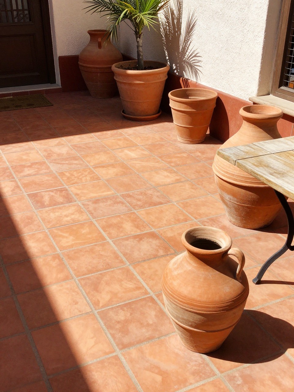 Photo of a small patio area paved with terracotta tiles, with terracotta pots arranged on it, corner angle view, setting in a courtyard, bright midday light, containing a small ceramic water jug on a table, iPhone photo quality.