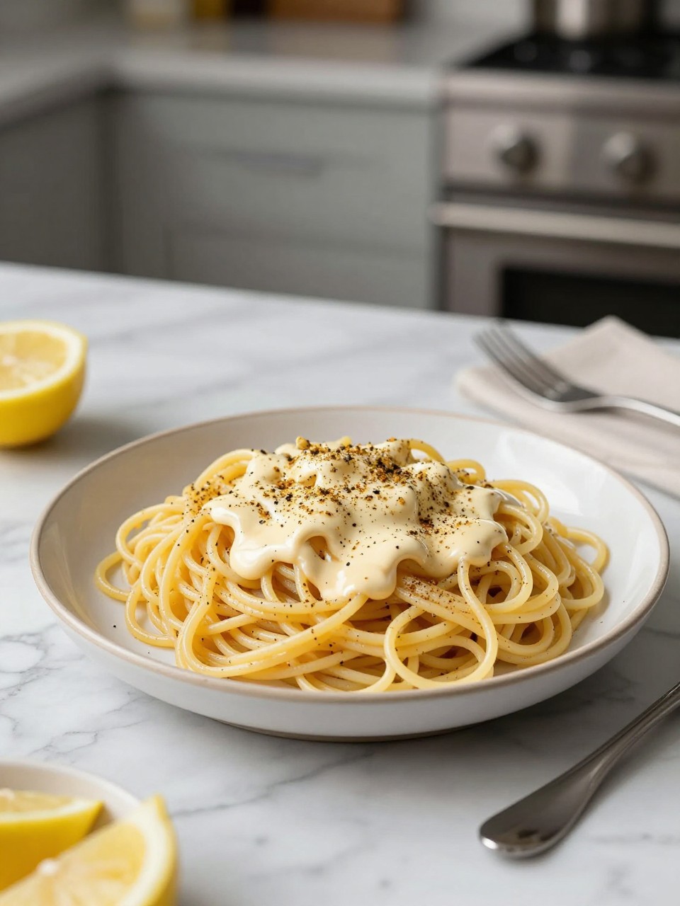 An overheard picture view of a plate of Spaghetti Salad with Lemon Pepper Dressing sitting on a marble countertop table in the kitchen, professional food photography style.