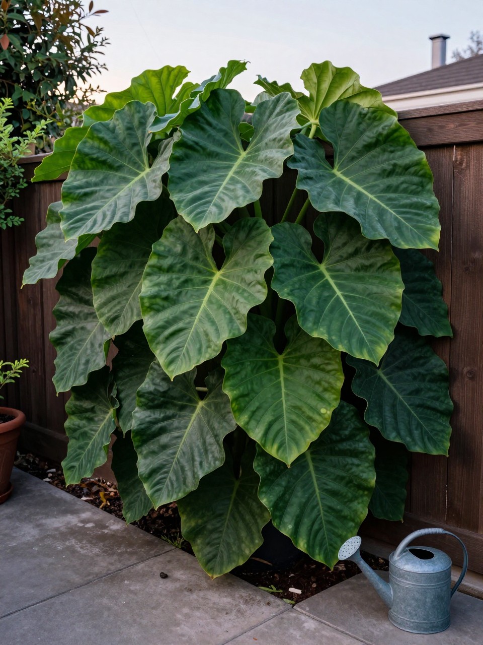 Photo of a vertical garden fence covered in large philodendron leaves, corner angle view, setting in a shaded backyard seating area, soft afternoon light, containing a watering can resting on the ground nearby, iPhone photo quality.