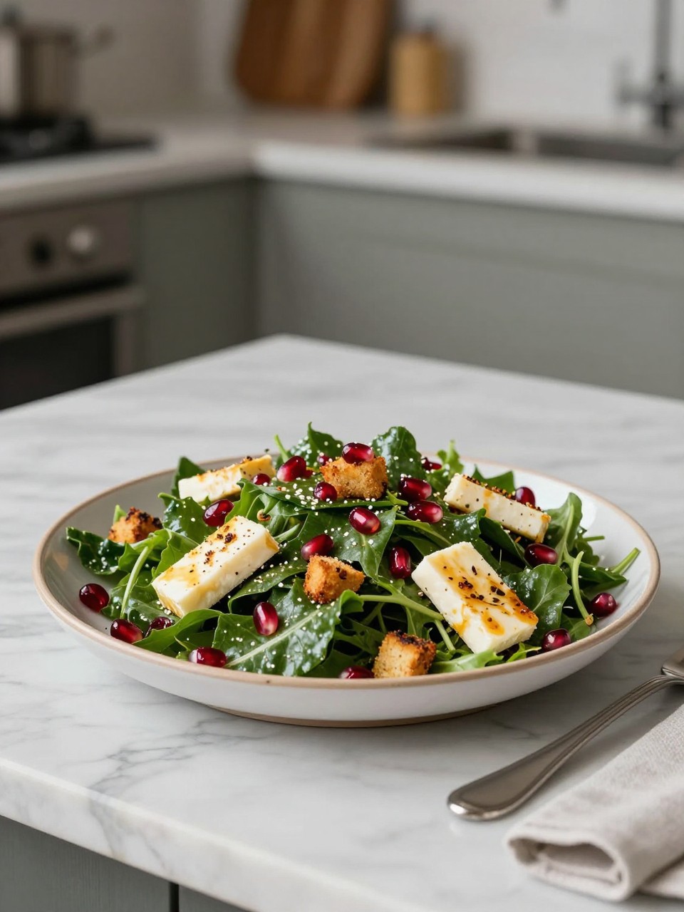 An overheard picture view of a plate of Pomegranate Greens Salad with Halloumi Croutons sitting on a marble countertop table in the kitchen, professional food photography style.