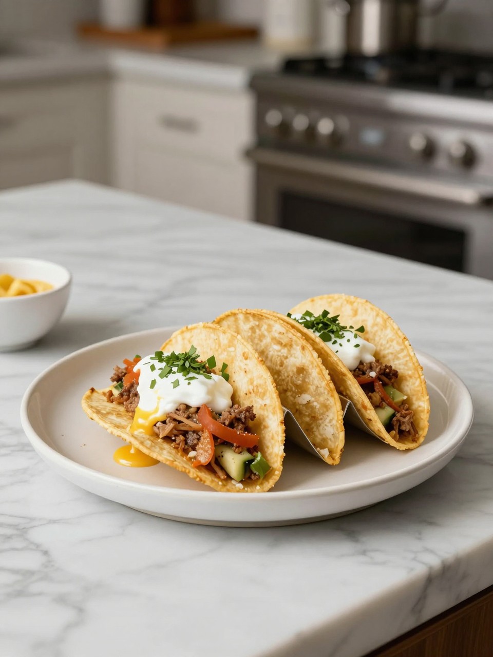 An overheard picture view of a plate of Breakfast Tacos sitting on a marble countertop table in the kitchen, professional food photography style.
