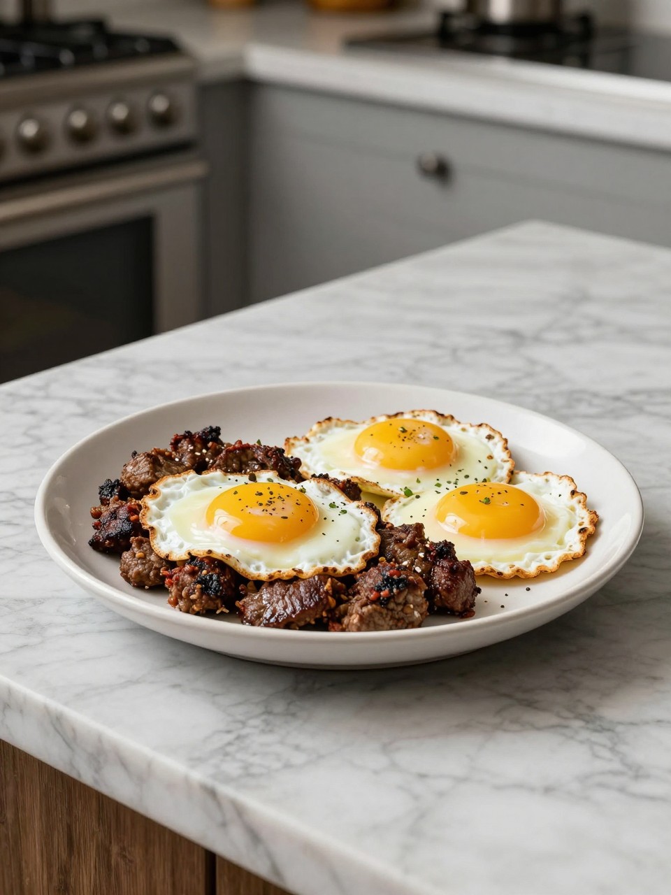 An overheard picture view of a plate of Machaca con Huevos sitting on a marble countertop table in the kitchen, professional food photography style.