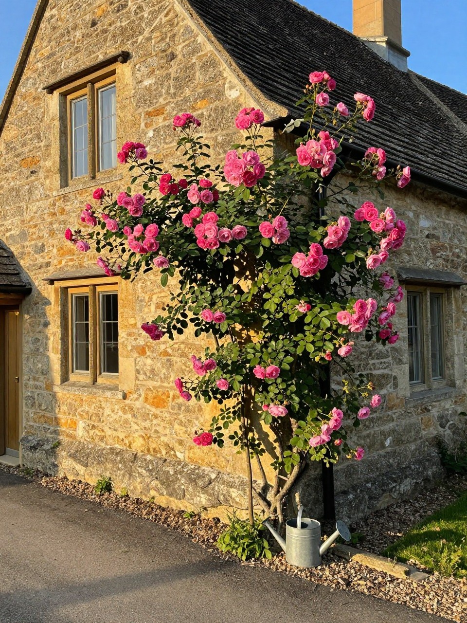 Photo of a stone cottage wall covered in climbing pink roses, with a narrow gravel path below, corner angle view along the side of the house, golden hour, containing a small watering can at the base of the roses, iPhone photo quality.