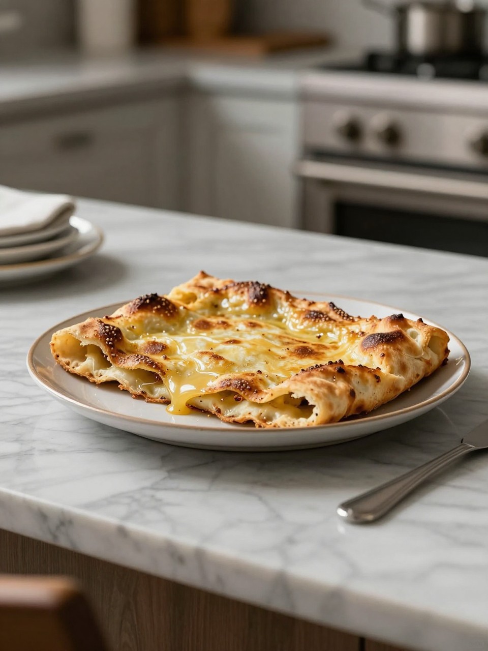 An overheard picture view of a plate of Schiacciata alla Fiorentina sitting on a marble countertop table in the kitchen, professional food photography style.