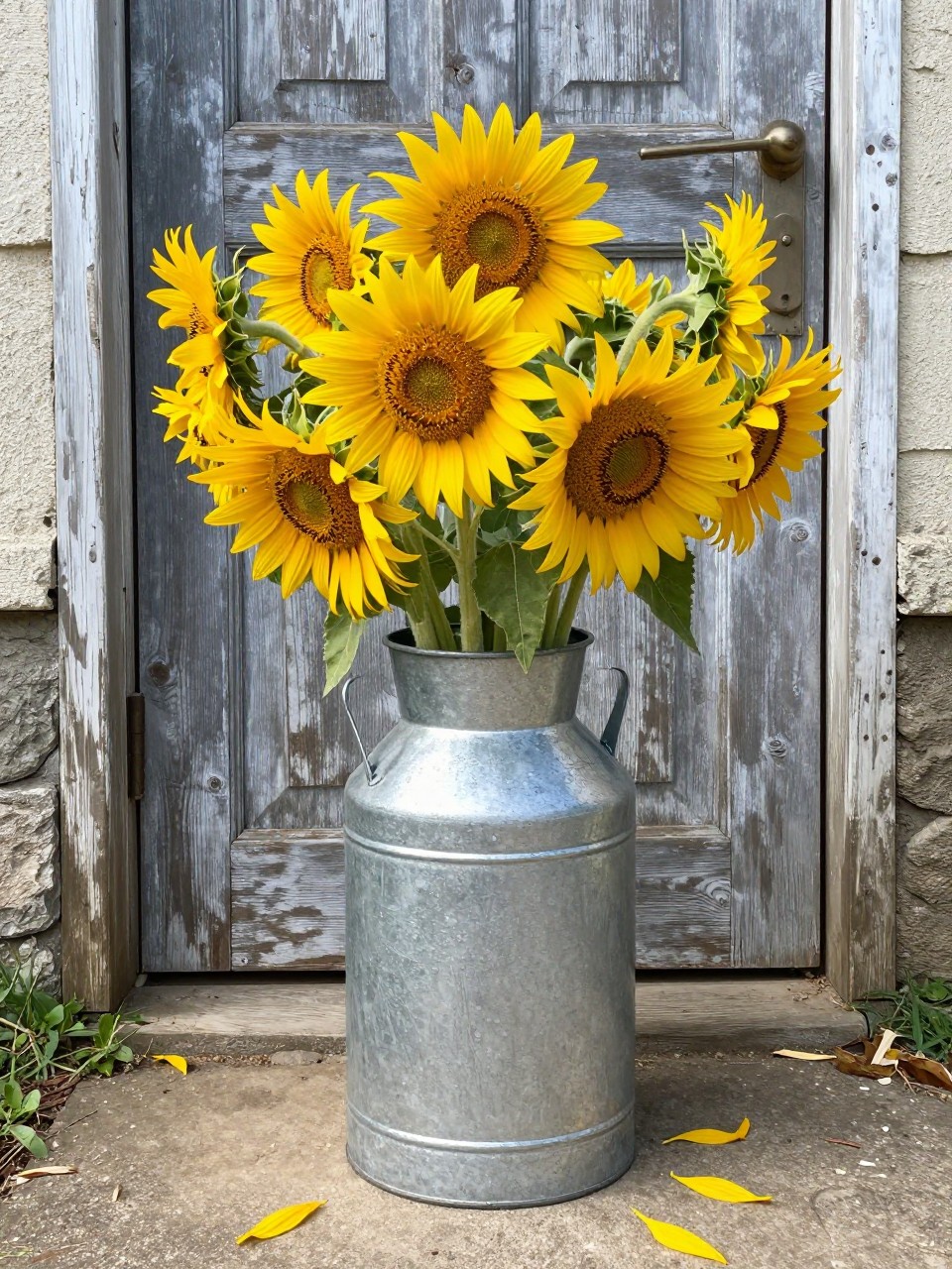 Photo of a tall galvanized milk can filled with sunflowers in a rustic country backyard, straight-on view, near a weathered door, bright daylight, containing a few fallen sunflower petals on the ground, iPhone photo quality.