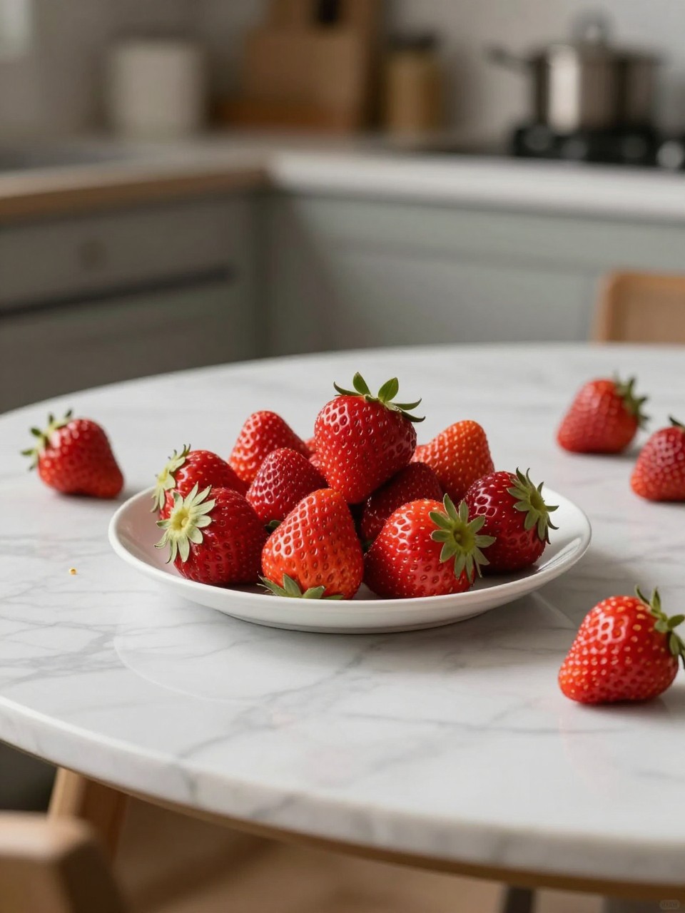 An overheard picture view of a plate of Strawberry sitting on a marble countertop table in the kitchen, professional food photography style.