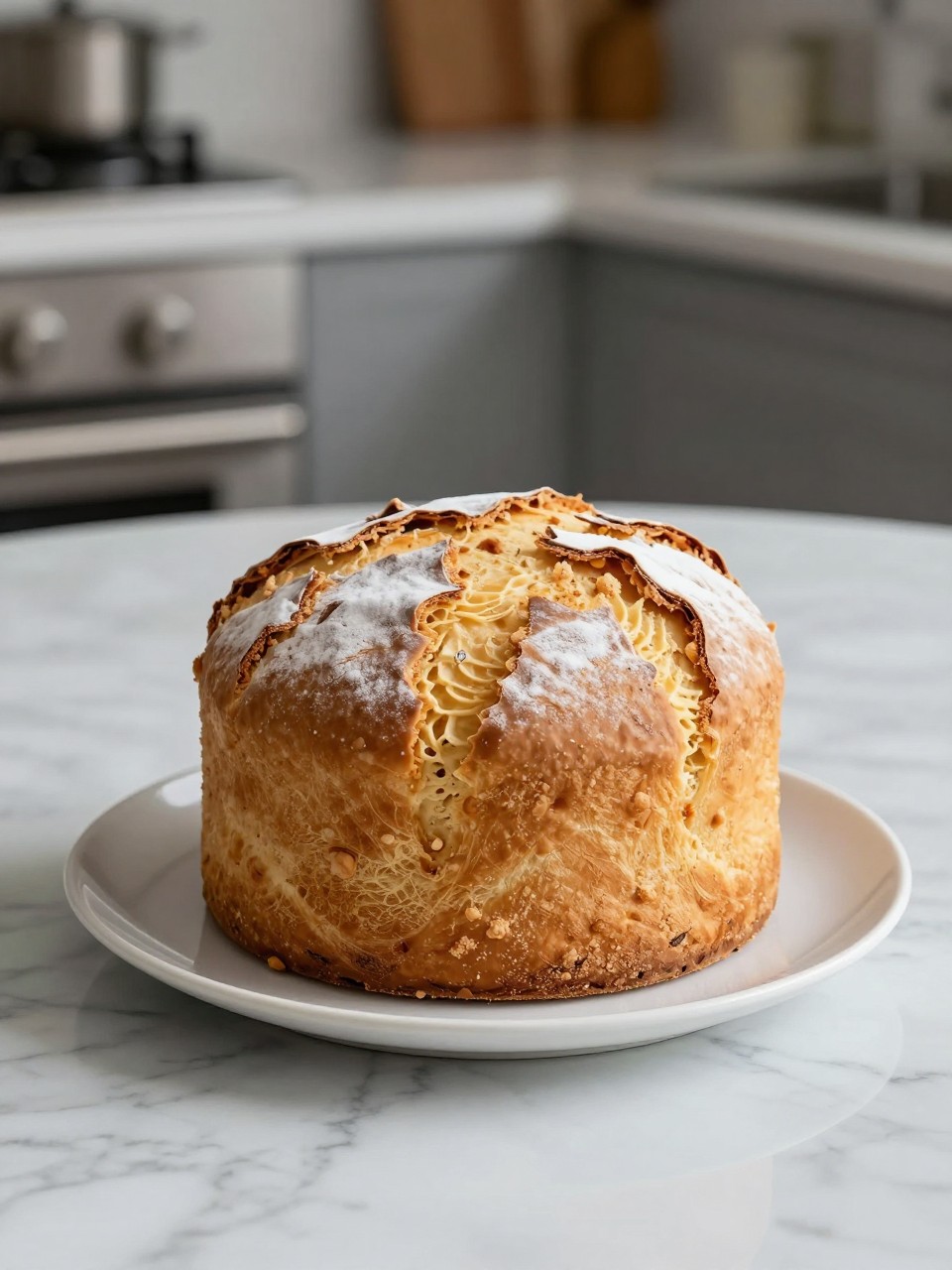 An overheard picture view of a plate of Panettone sitting on a marble countertop table in the kitchen, professional food photography style.