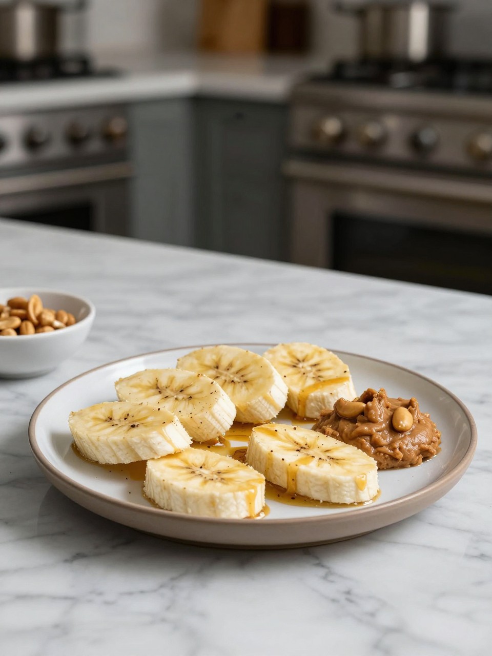 An overheard picture view of a plate of Banana Peanut Butter sitting on a marble countertop table in the kitchen, professional food photography style.