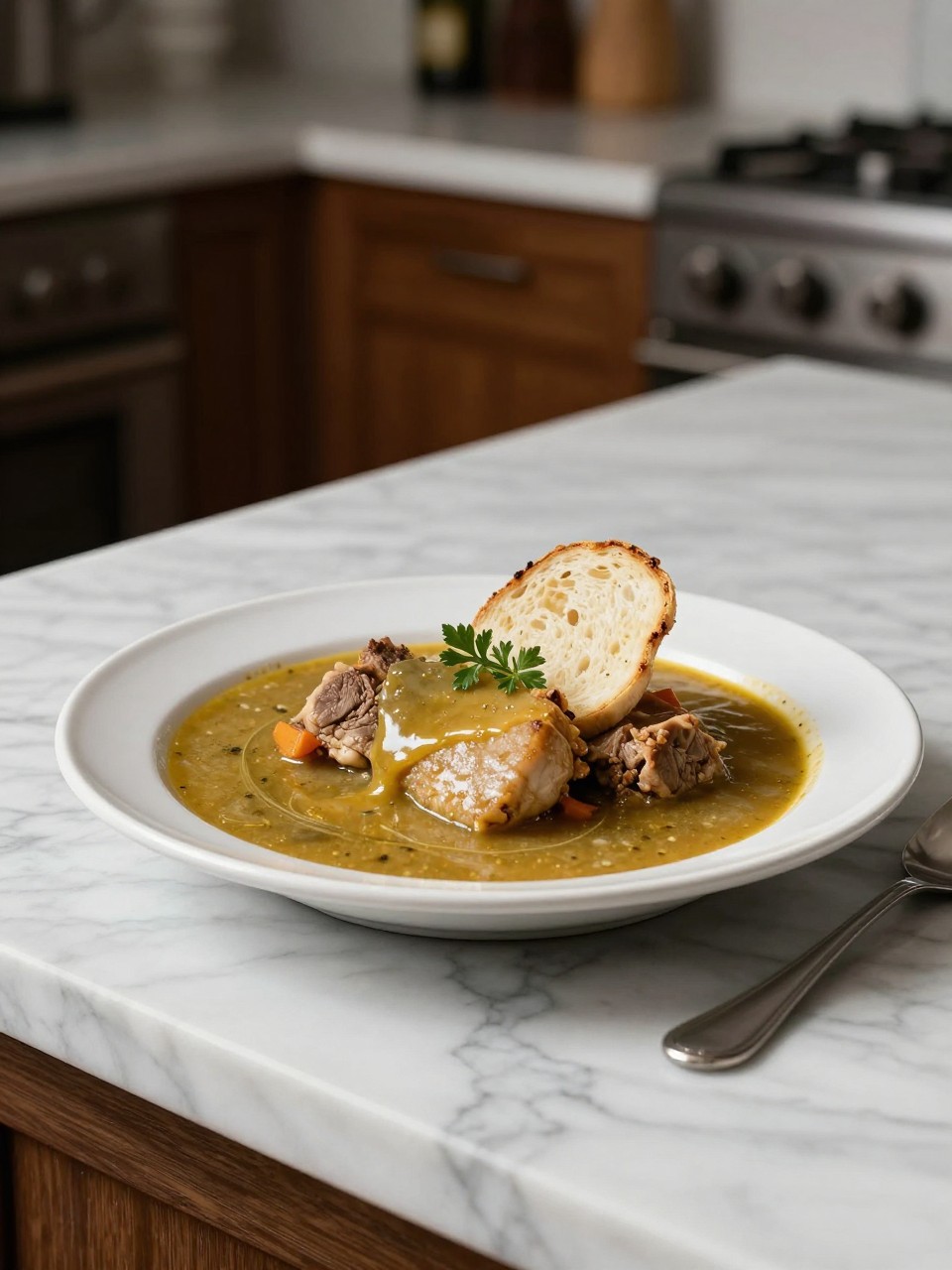 An overheard picture view of a plate of Caldo de Res sitting on a marble countertop table in the kitchen, professional food photography style.