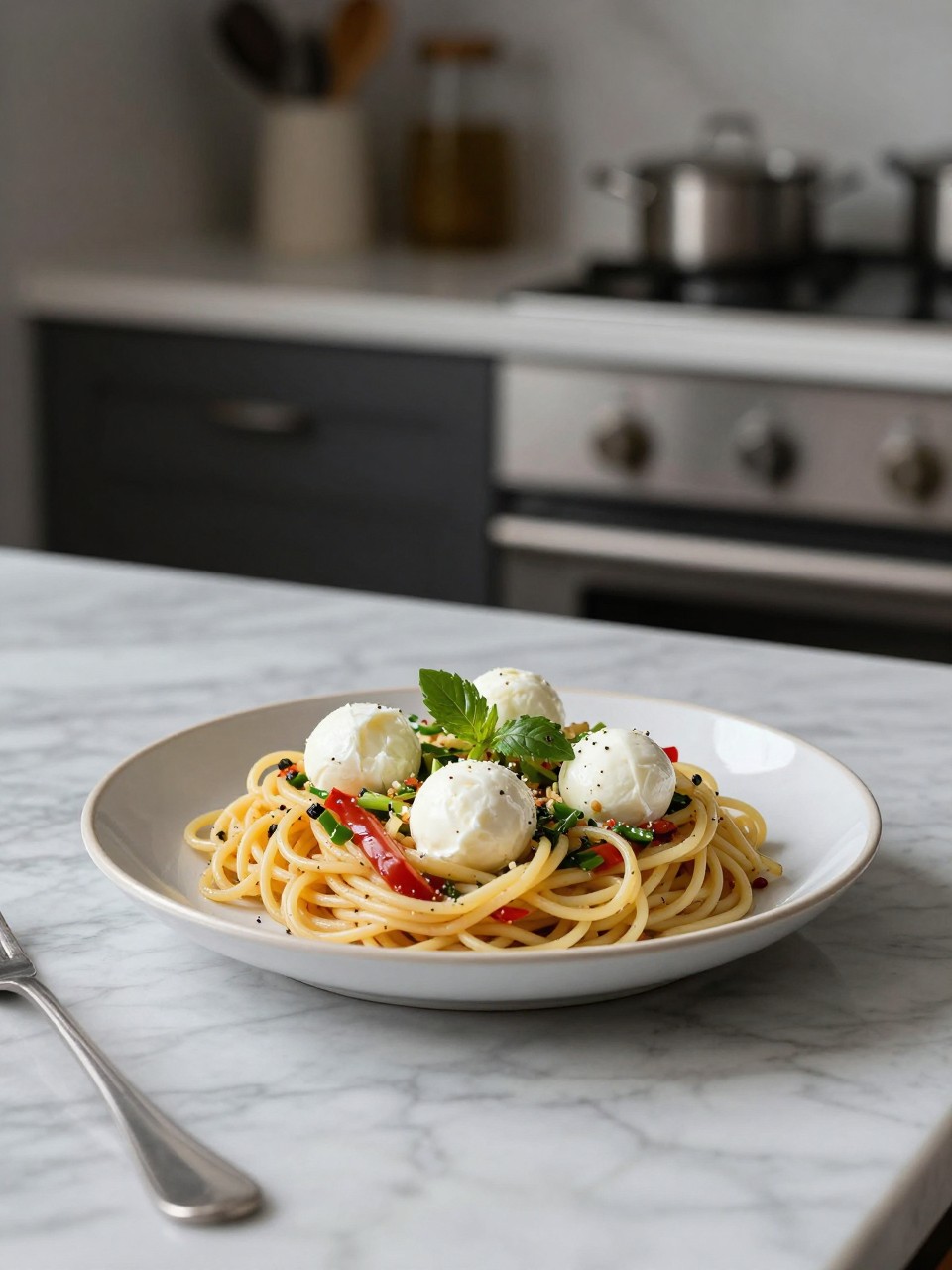An overheard picture view of a plate of Spaghetti Salad with Mozzarella Balls sitting on a marble countertop table in the kitchen, professional food photography style.