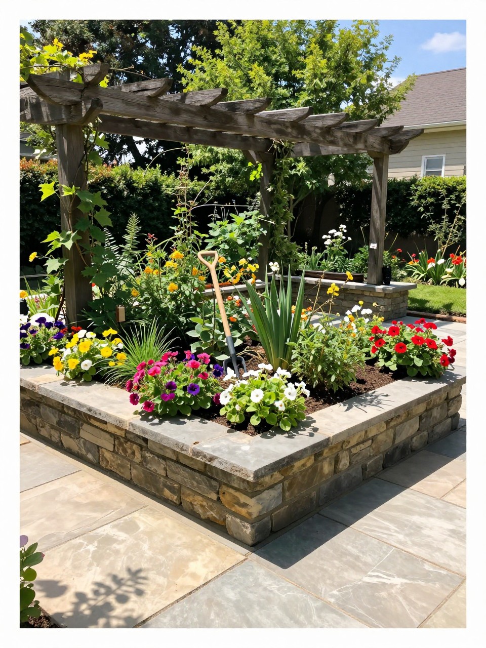 Photo of a pergola with built-in planters filled with colorful flowers and greenery, wide view, setting in a backyard garden with stone paths, bright midday light, containing a small hand fork stuck in the soil, iPhone photo quality.