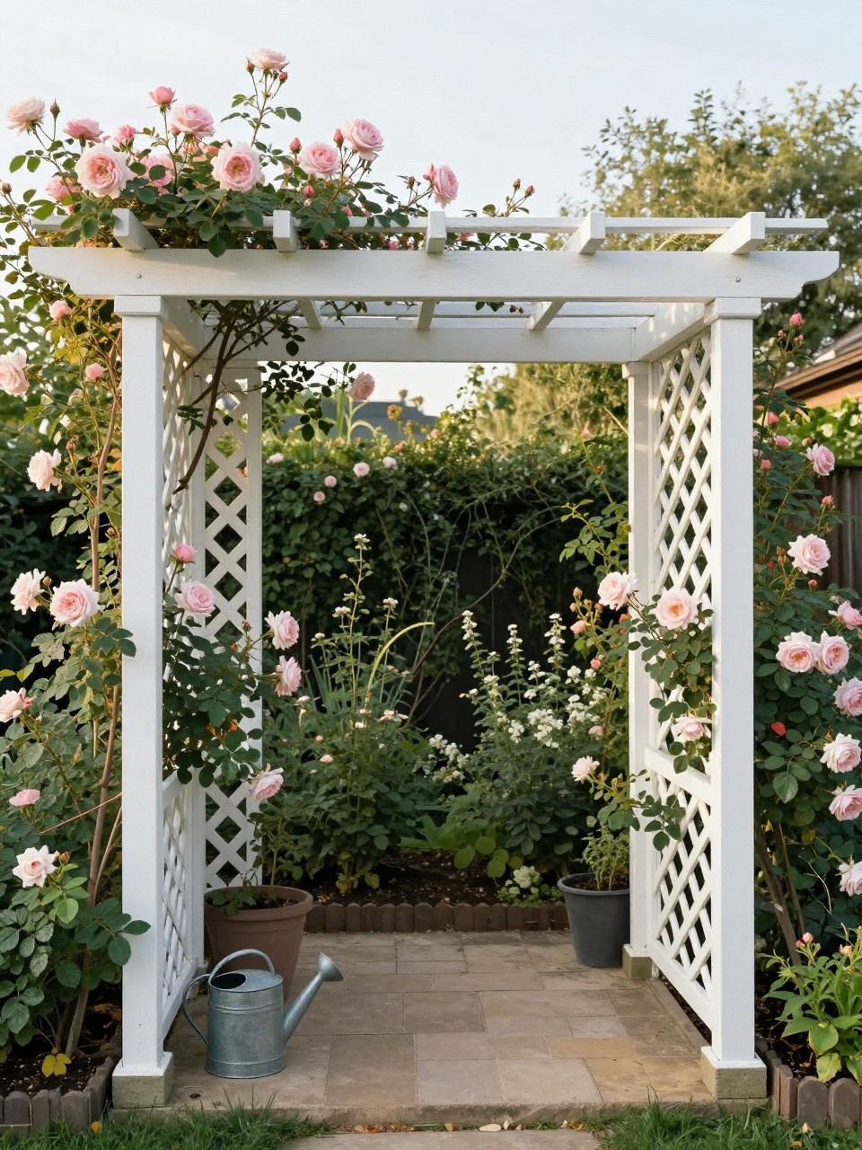 Photo of a pergola with white lattice side panels and climbing roses, straight-on view, setting in a cottage-style garden, morning light, containing a watering can near the base, iPhone photo quality.