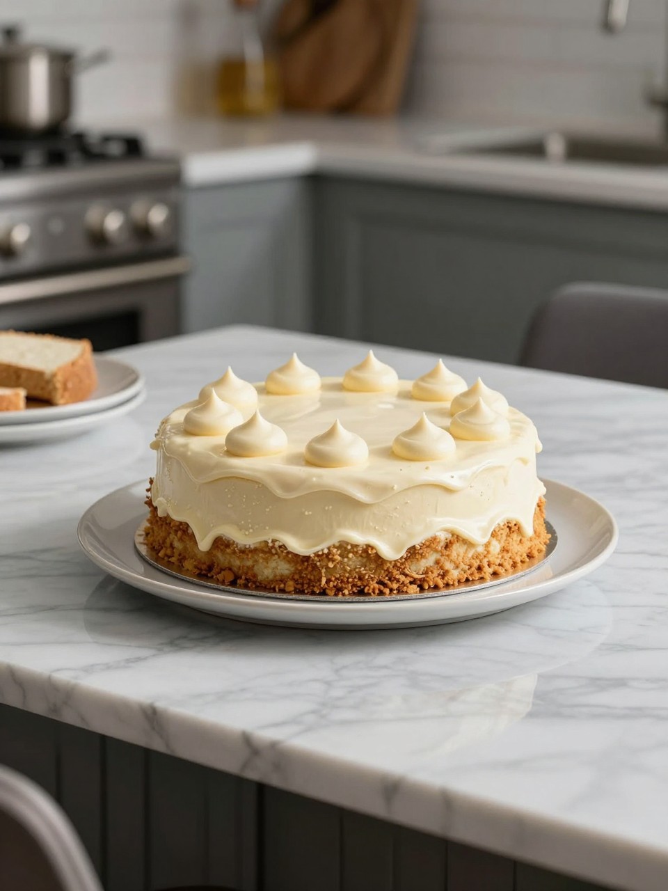 An overheard picture view of a plate of Birthday Cake sitting on a marble countertop table in the kitchen, professional food photography style.