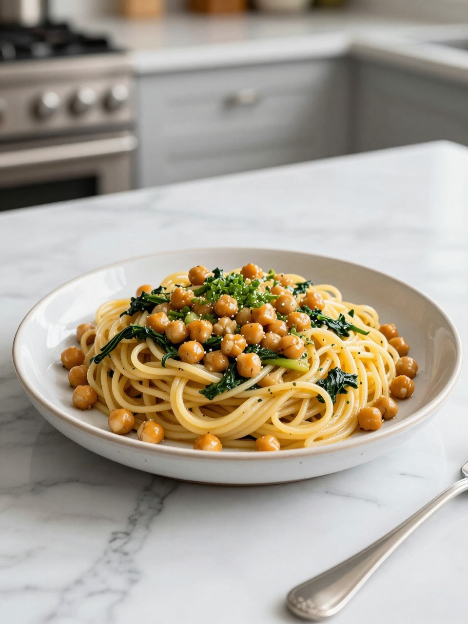 An overheard picture view of a plate of One-Pot Vegan Chickpea Spinach Pasta sitting on a marble countertop table in the kitchen, professional food photography style.
