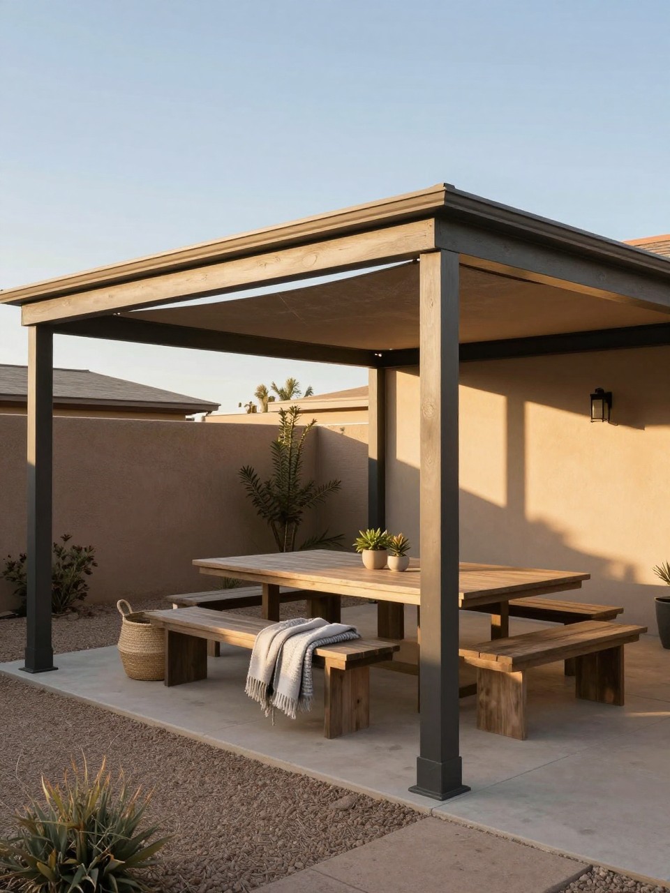 Photo of a modern ramada with a flat roof and shade cloth, corner angle view, setting in a desert backyard with dining table, late afternoon light, containing a woven basket with blankets on a bench, iPhone photo quality.