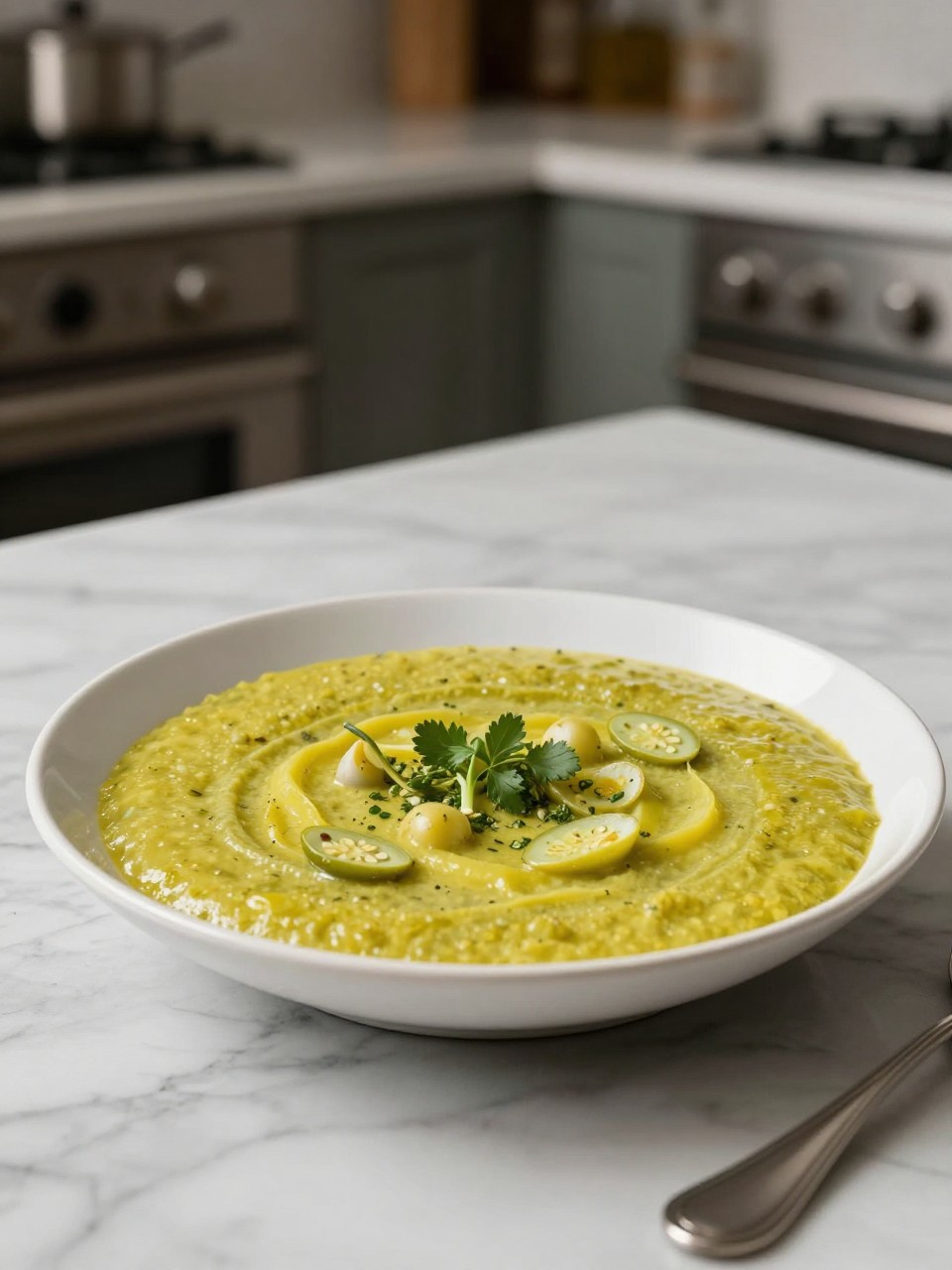 An overheard picture view of a plate of Sopa de Ajo sitting on a marble countertop table in the kitchen, professional food photography style.