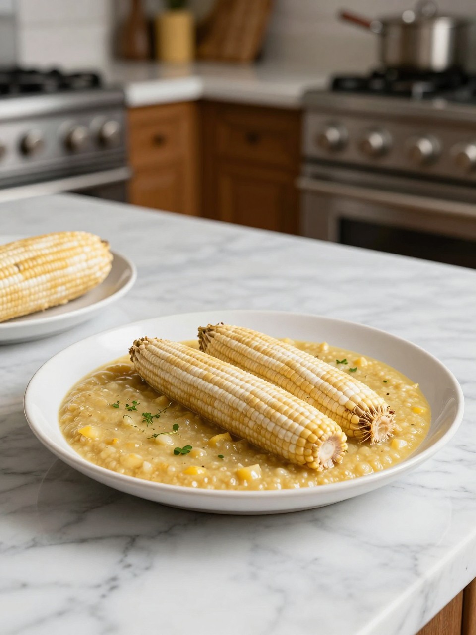 An overheard picture view of a plate of Sopa de Elote sitting on a marble countertop table in the kitchen, professional food photography style.