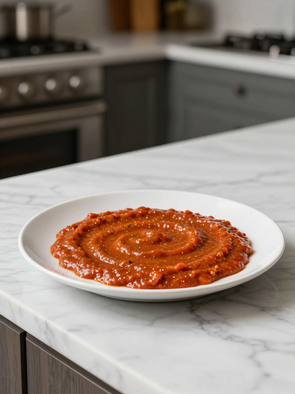 An overheard picture view of a plate of Genovese Sauce sitting on a marble countertop table in the kitchen, professional food photography style.