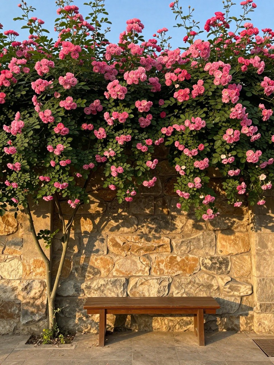 Photo of a warm stone wall covered in climbing pink roses, with flowers spilling over the top, straight-on view, setting in a courtyard garden, golden hour, containing a small wooden bench below the roses, iPhone photo quality.