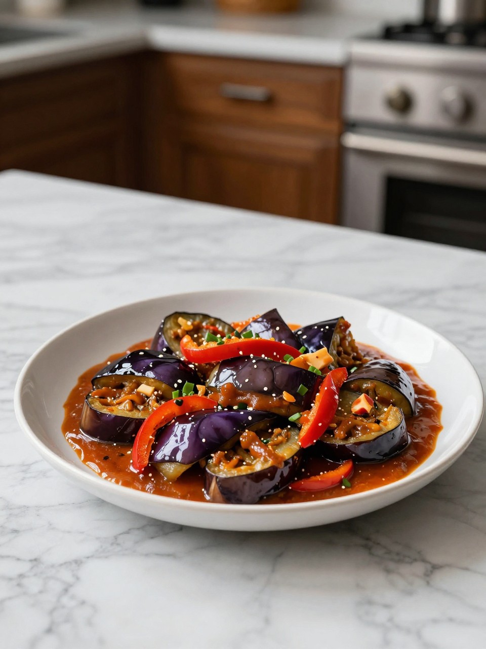 An overheard picture view of a plate of Eggplant and Pepper Stew sitting on a marble countertop table in the kitchen, professional food photography style.