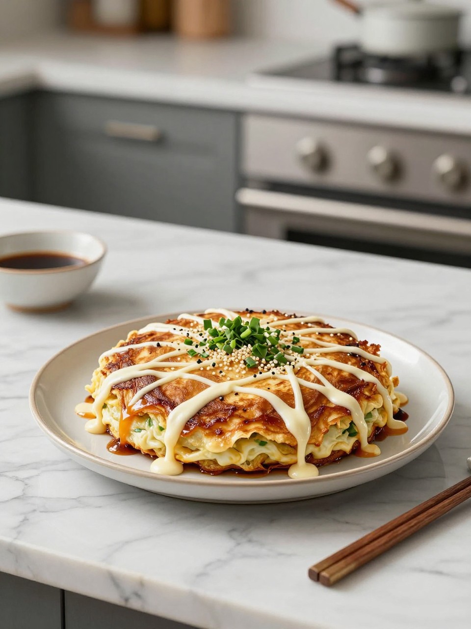 An overheard picture view of a plate of Vegan Okonomiyaki sitting on a marble countertop table in the kitchen, professional food photography style.