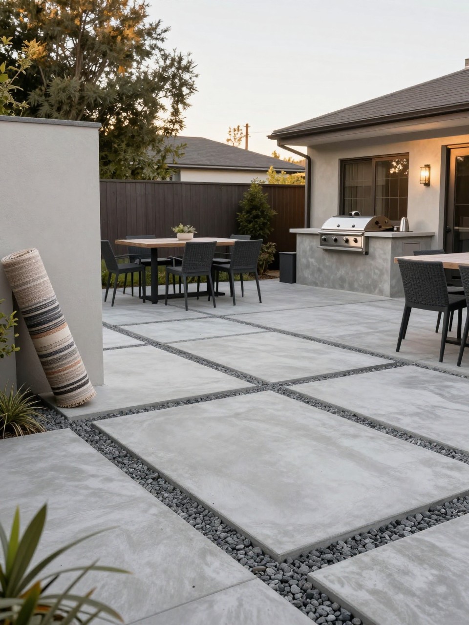 Photo of a concrete paver patio with gravel gaps and modern furniture, wide view, setting in a backyard with a cooking area, late afternoon light, containing a rolled outdoor rug leaning against a wall, iPhone photo quality.