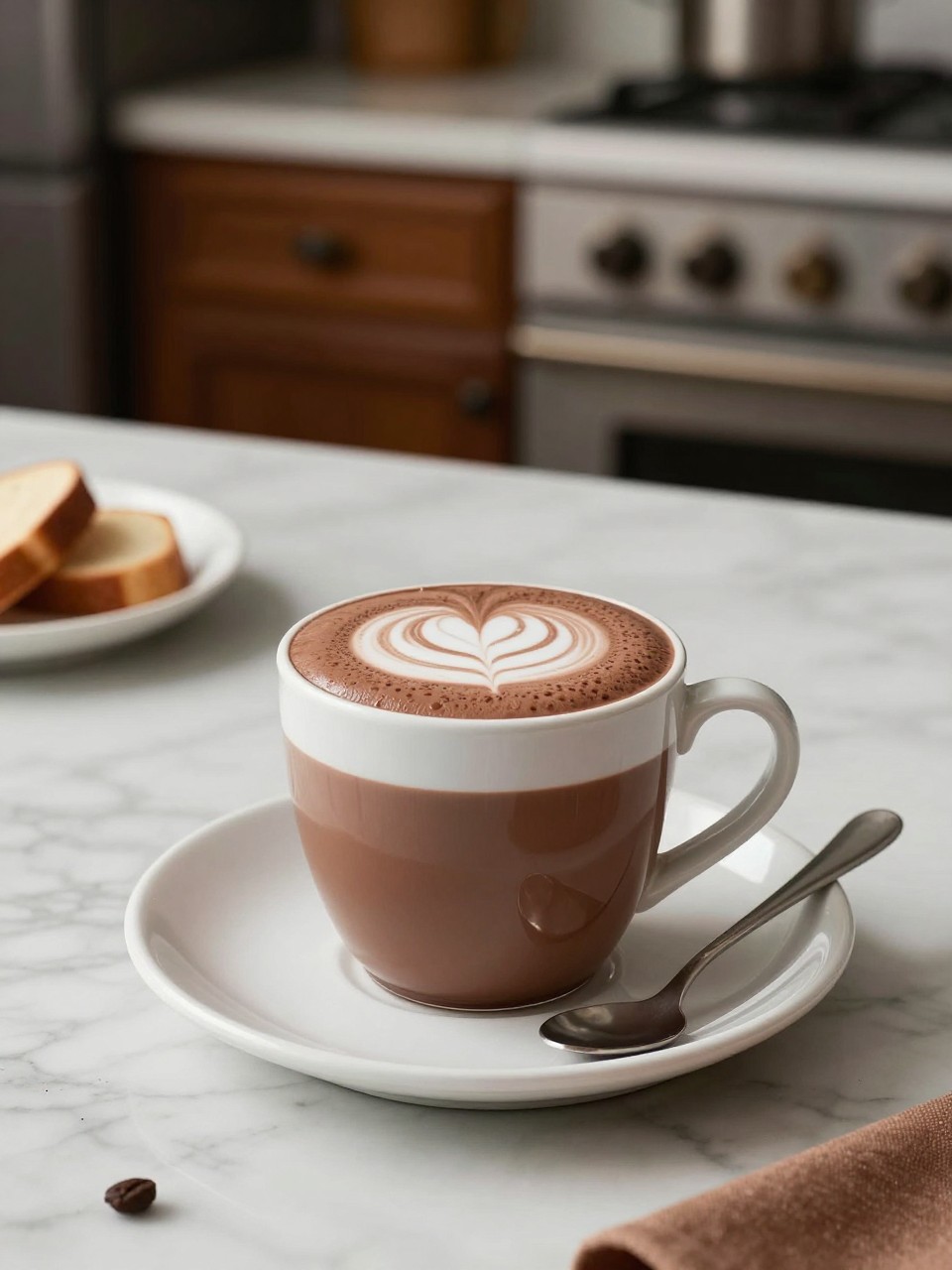 An overheard picture view of a plate of Mexican Hot Chocolate sitting on a marble countertop table in the kitchen, professional food photography style.