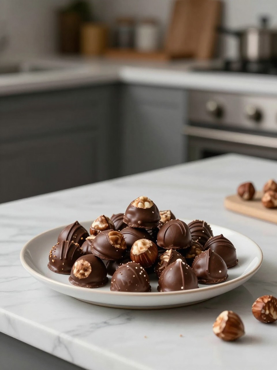 An overheard picture view of a plate of Chocolate Hazelnut (Bacio) sitting on a marble countertop table in the kitchen, professional food photography style.