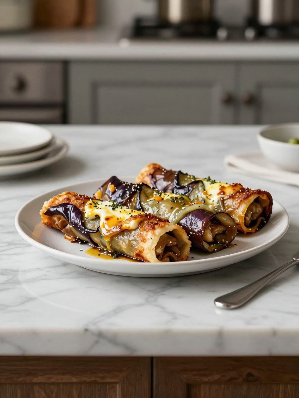 An overheard picture view of a plate of Eggplant Rollatini sitting on a marble countertop table in the kitchen, professional food photography style.
