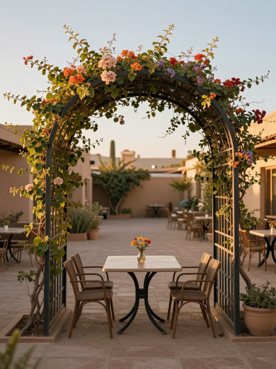 Photo of a metal arbor with flowering vines starting to cover the top, straight-on view, setting over a bistro table in a desert courtyard, golden hour, containing a small vase with cut flowers on the table, iPhone photo quality.
