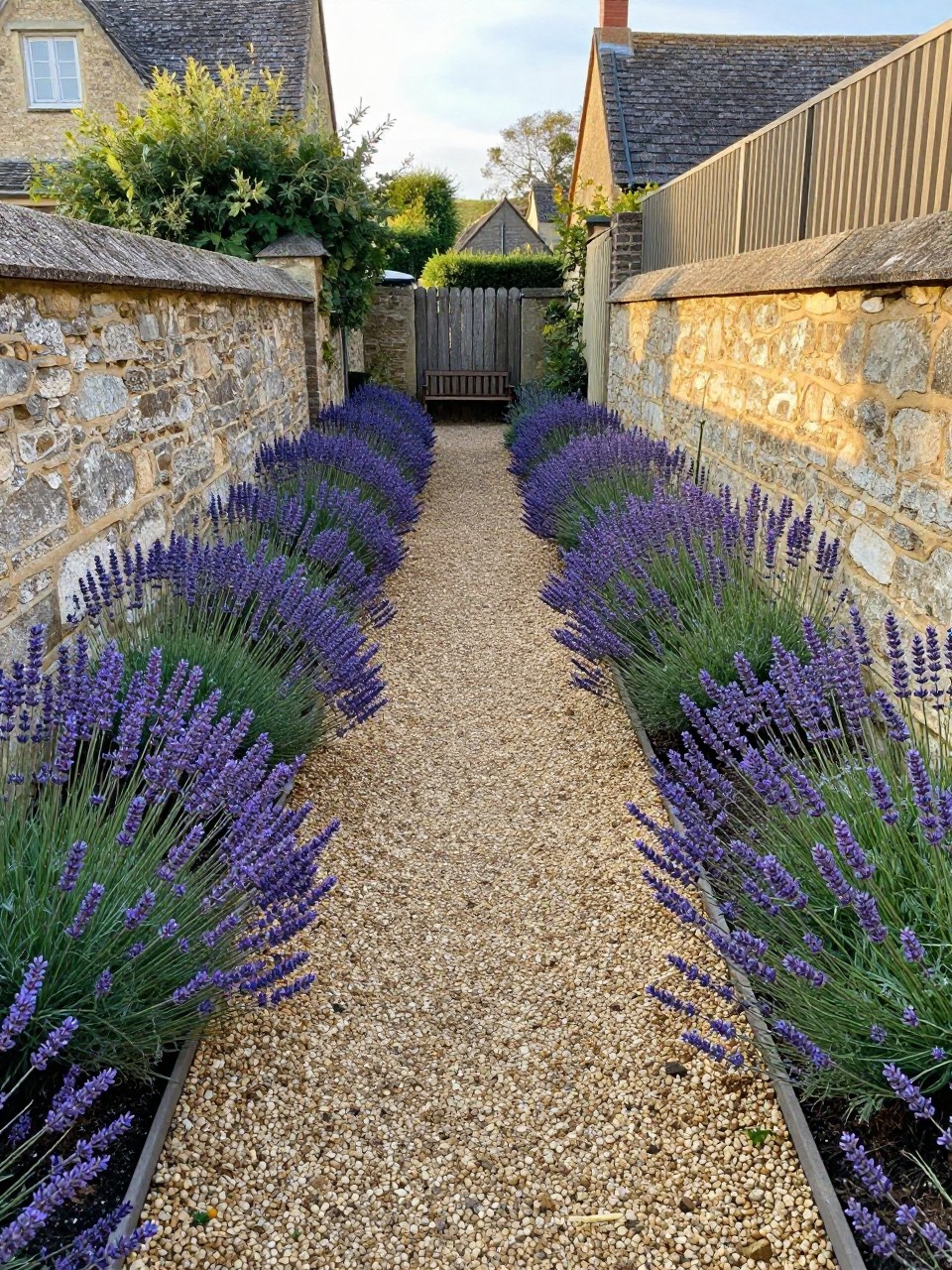 Photo of a narrow side yard with a gravel path lined with blooming lavender on both sides, straight-on view down the length, setting between a stone cottage wall and a fence, late afternoon light, containing a small wooden bench visible at the far end, iPhone photo quality.