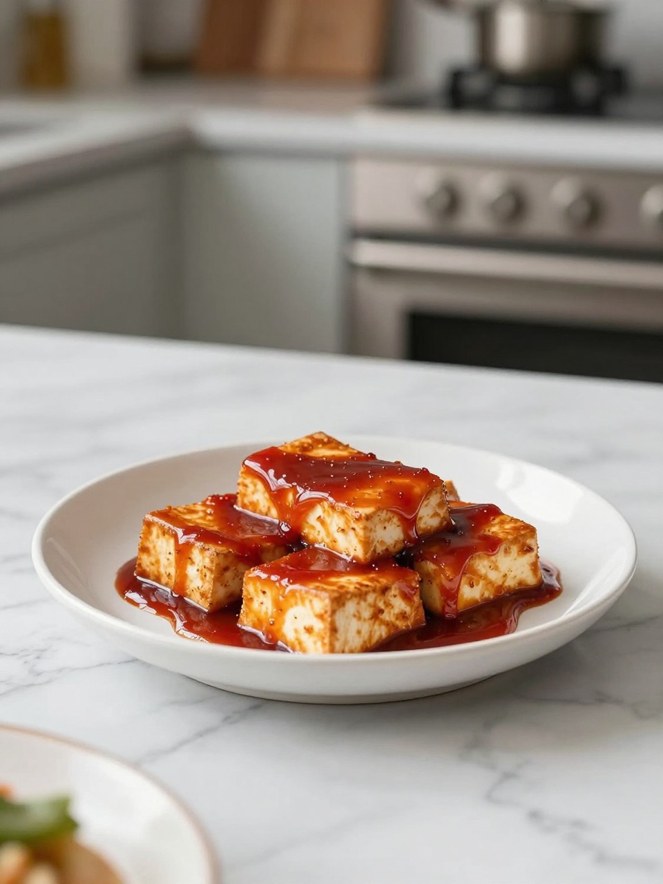 An overheard picture view of a plate of Gochujang Glazed Tofu sitting on a marble countertop table in the kitchen, professional food photography style.