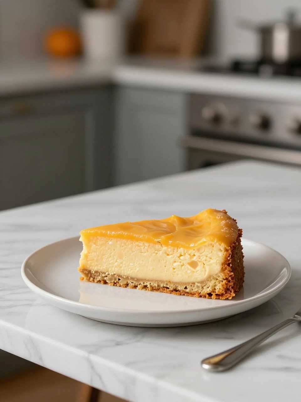 An overheard picture view of a plate of Orange Ricotta Cake sitting on a marble countertop table in the kitchen, professional food photography style.