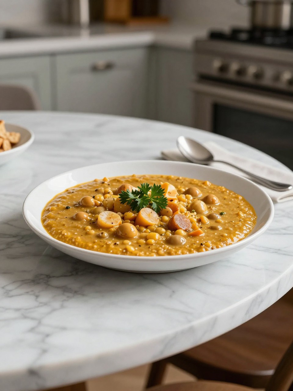 An overheard picture view of a plate of Sopa de Lentejas sitting on a marble countertop table in the kitchen, professional food photography style.