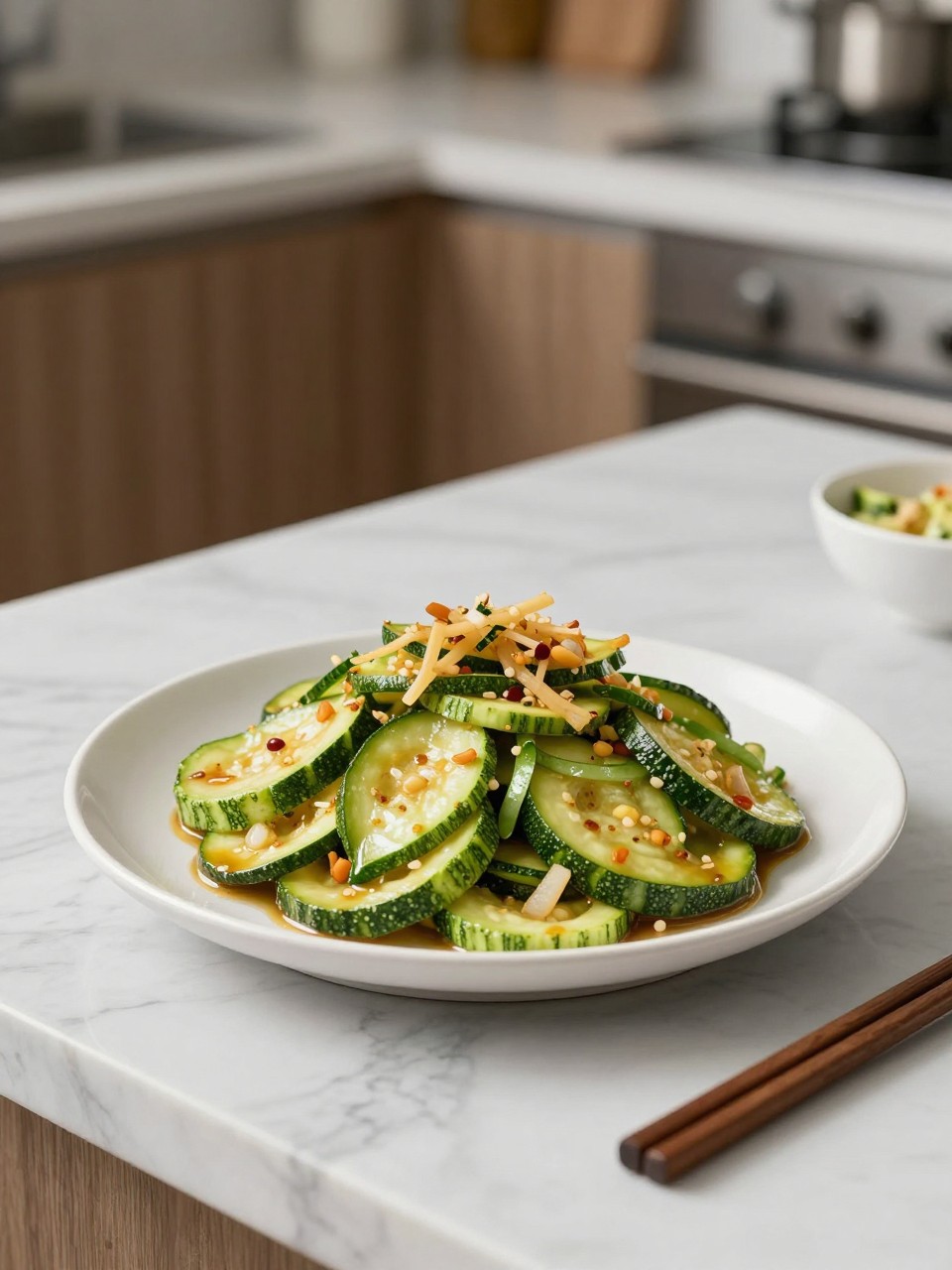 An overheard picture view of a plate of Hobak Bokkeum (Stir-Fried Zucchini) sitting on a marble countertop table in the kitchen, professional food photography style.