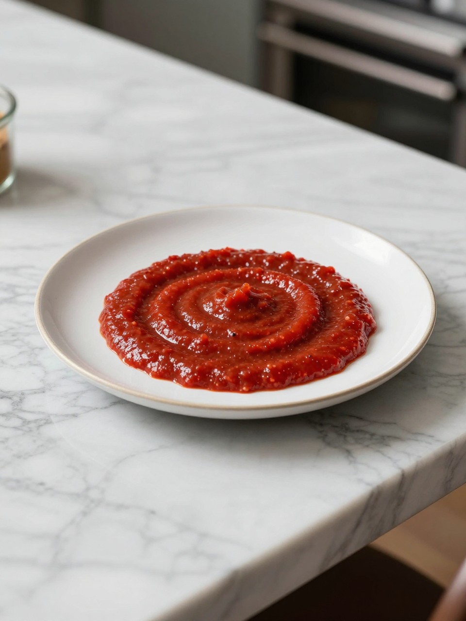 An overheard picture view of a plate of Pomarola Sauce sitting on a marble countertop table in the kitchen, professional food photography style.
