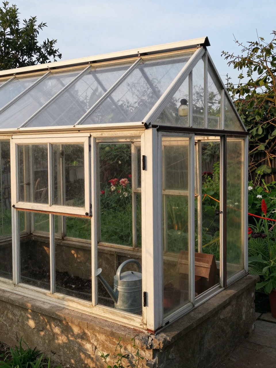 Photo of a small backyard greenhouse built from old windows, corner angle view, setting in a cottage garden, late afternoon light, containing a watering can visible through the glass, iPhone photo quality.