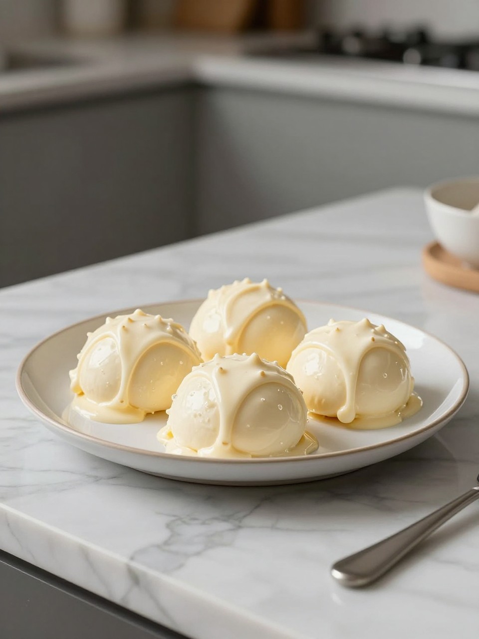 An overheard picture view of a plate of Perfect Vanilla Base sitting on a marble countertop table in the kitchen, professional food photography style.