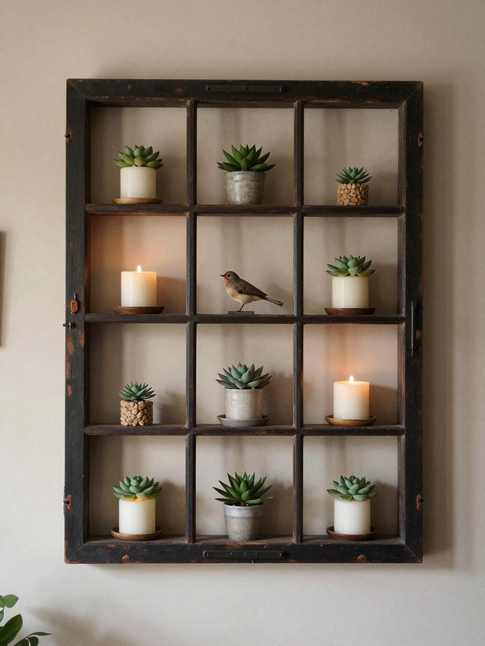 Photo of a old window frame mounted on a wall with small shelves in each pane holding candles and succulents, straight-on view, setting in a rustic living room, soft evening light, containing a small bird figurine on one shelf, iPhone photo quality.
