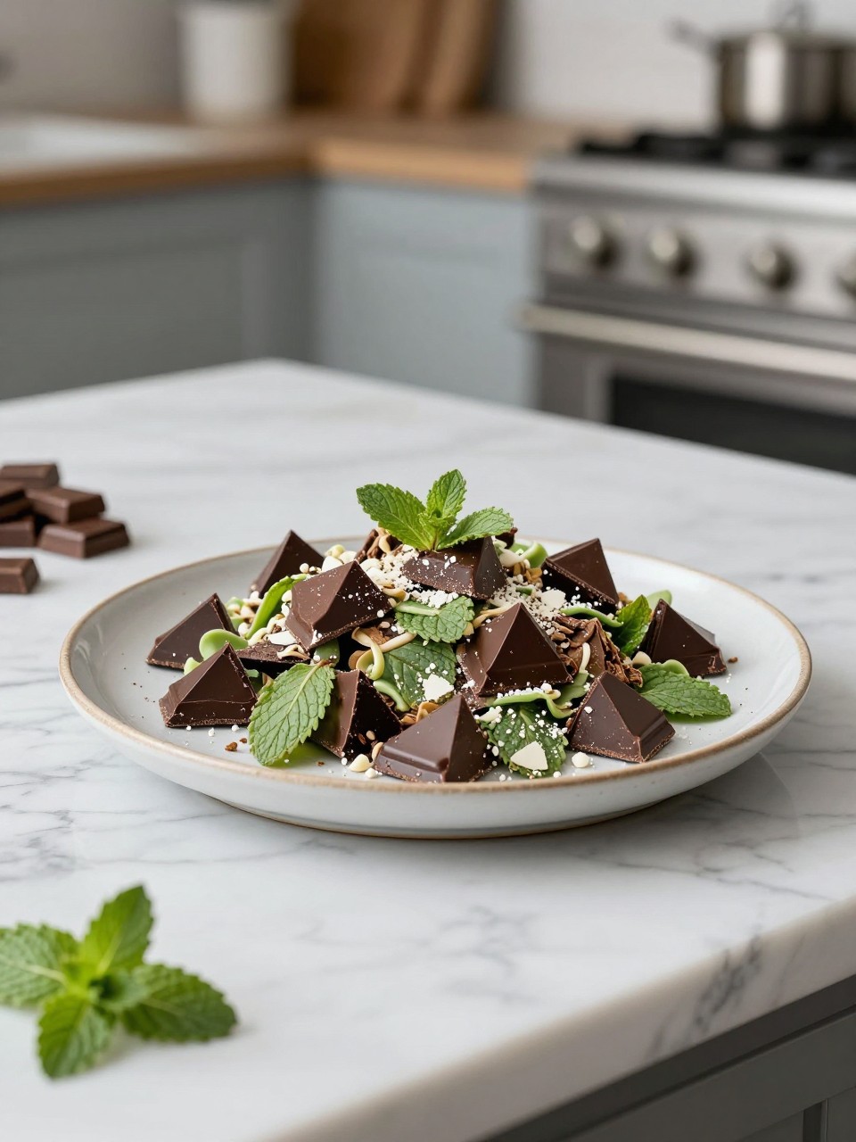 An overheard picture view of a plate of Mint Chocolate Chip sitting on a marble countertop table in the kitchen, professional food photography style.