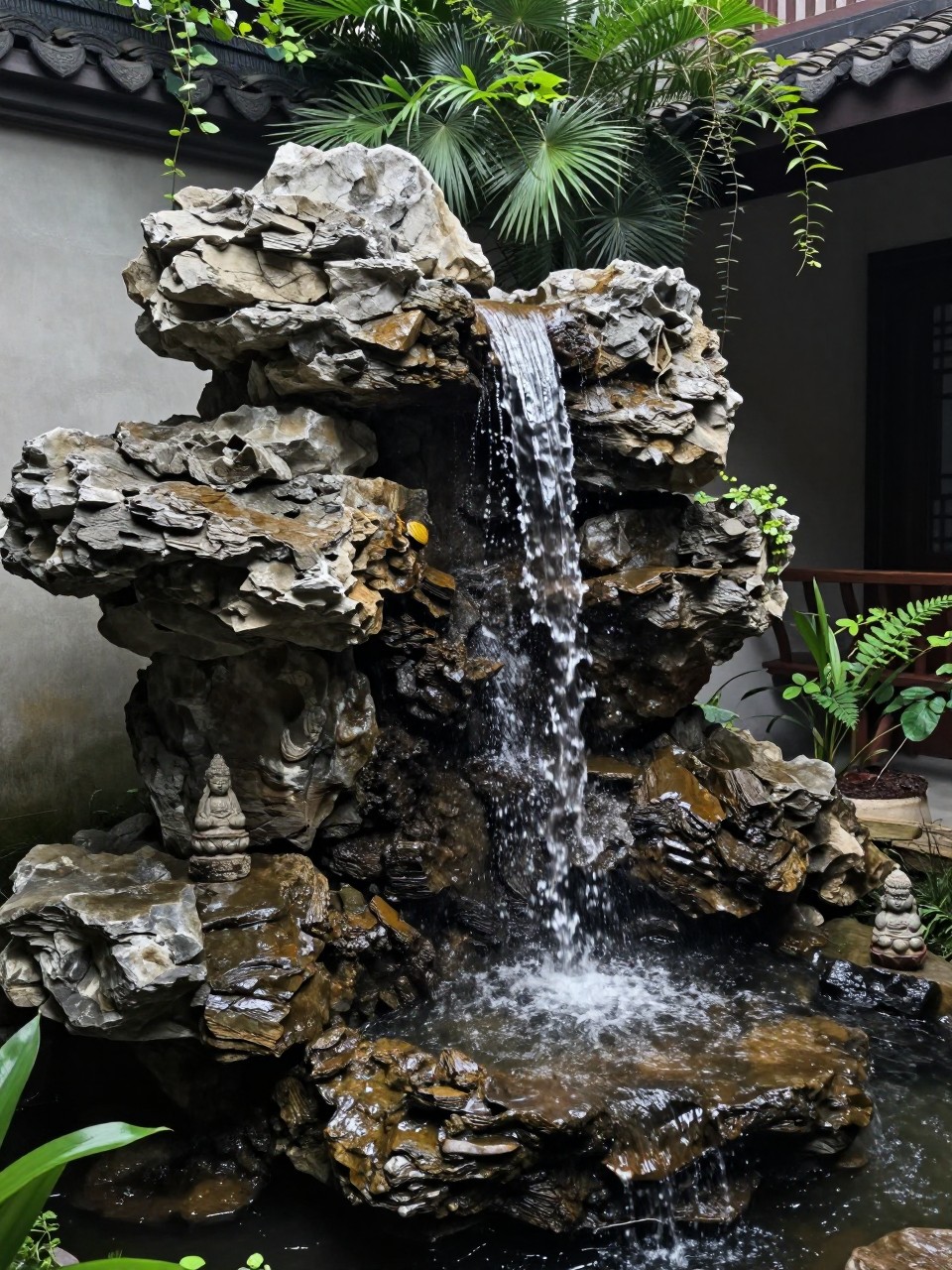 Photo of a natural stacked rock waterfall with water trickling down, corner angle view, setting in a shaded courtyard corner with lush plants, soft filtered light, containing a small stone Buddha figurine near the base, iPhone photo quality.