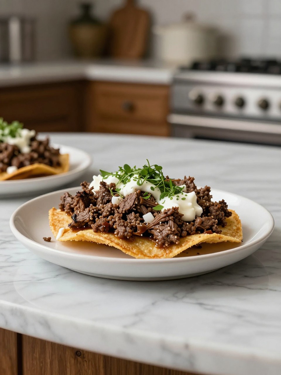 An overheard picture view of a plate of Ground Beef Tostadas sitting on a marble countertop table in the kitchen, professional food photography style.