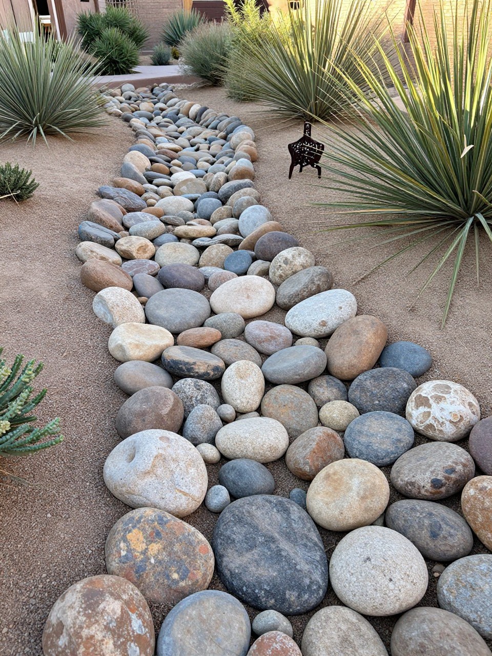 Photo of a dry creek bed with smooth stones winding through a desert garden, corner angle view, setting in a backyard with native plants, morning light, containing a small metal sculpture near the bank, iPhone photo quality.