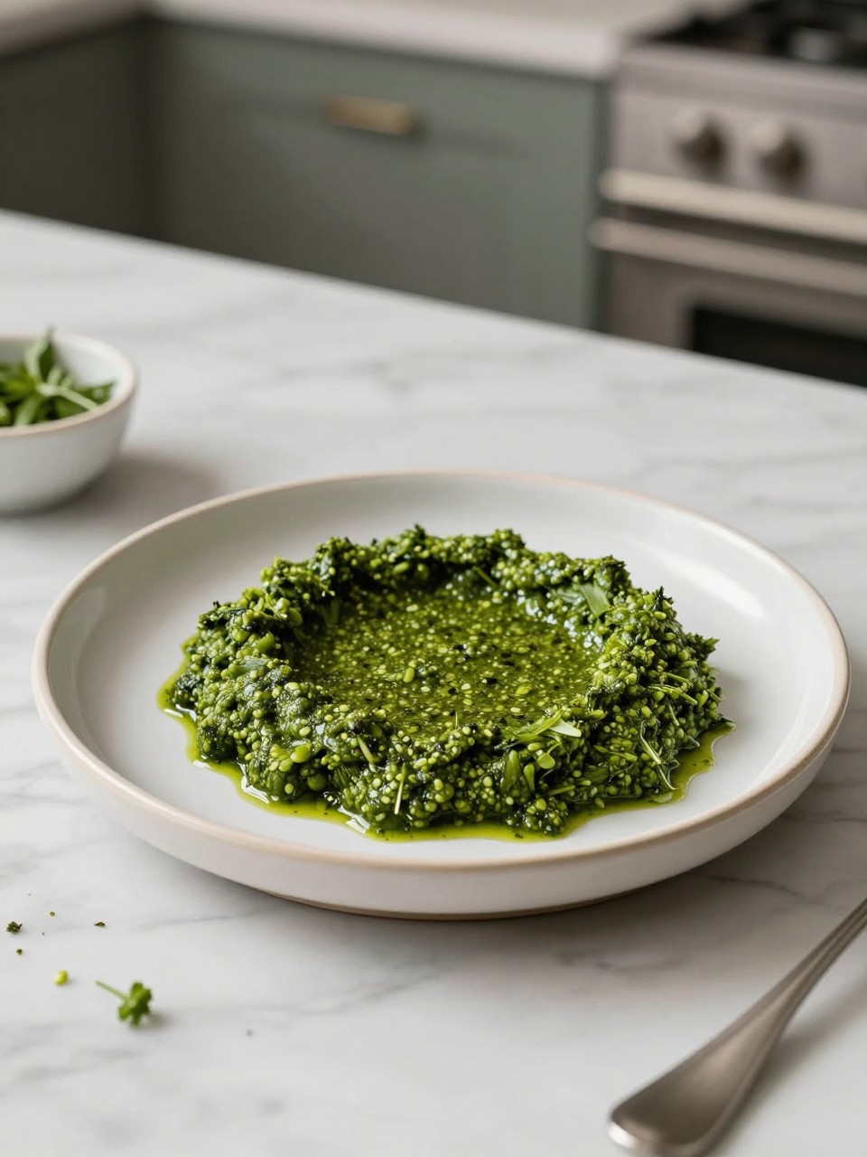 An overheard picture view of a plate of Pesto alla Genovese sitting on a marble countertop table in the kitchen, professional food photography style.