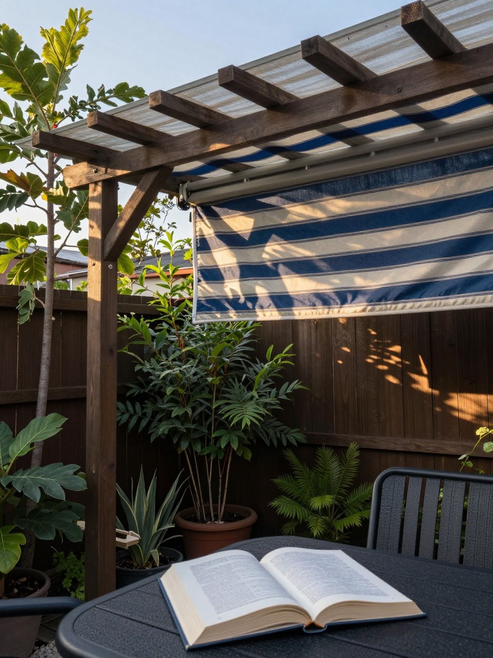 Photo of a pergola with a partially open retractable striped canopy, corner angle view, setting in a small backyard garden, late afternoon light, containing a book left open on the table below, iPhone photo quality.