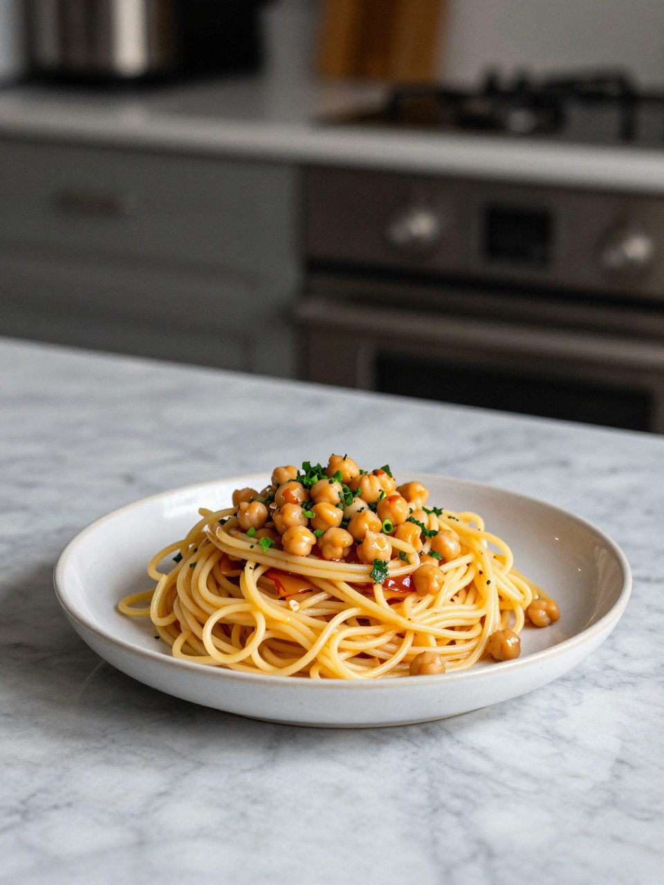 An overheard picture view of a plate of Spaghetti Salad with Chickpeas sitting on a marble countertop table in the kitchen, professional food photography style.