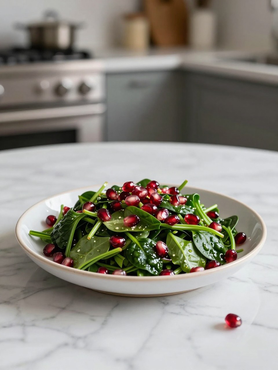 An overheard picture view of a plate of Chopped Spinach and Pomegranate Salad sitting on a marble countertop table in the kitchen, professional food photography style.