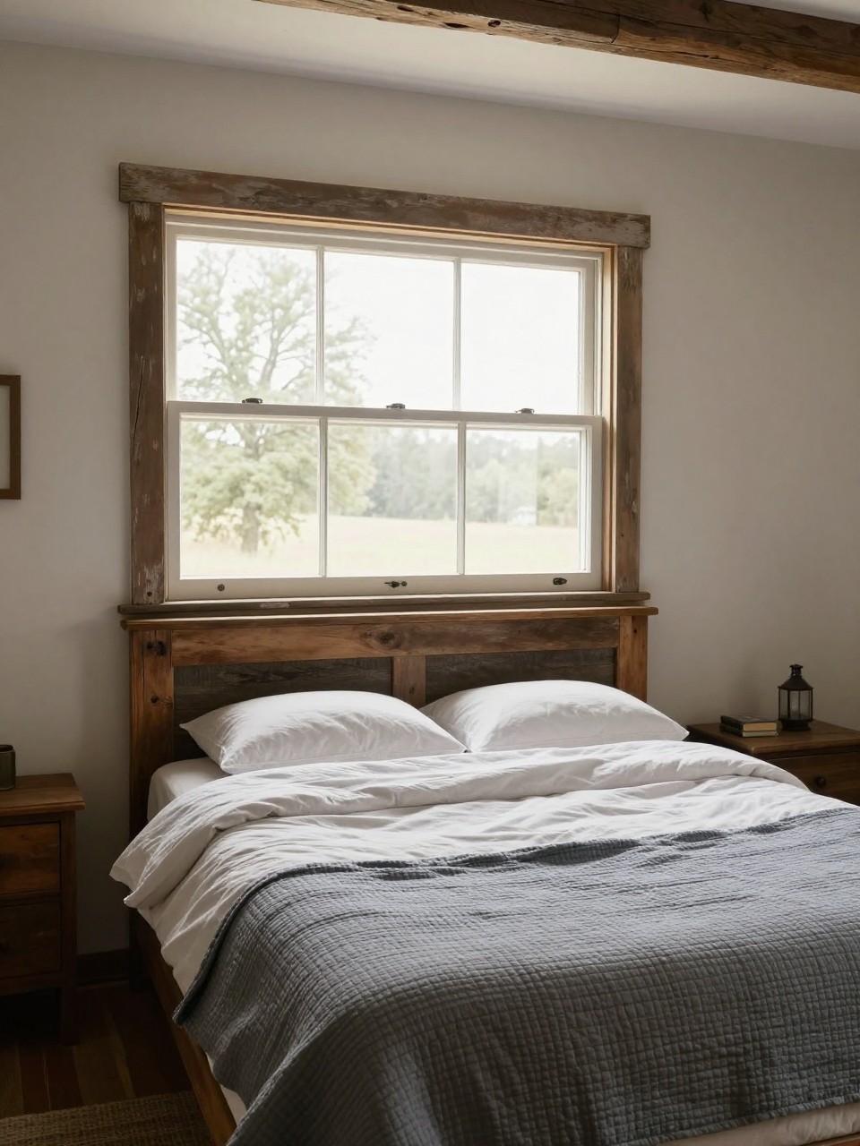 Photo of a bedroom with a large old window frame mounted as a headboard above a rustic bed, wide view, setting in a farmhouse bedroom, morning light, containing a folded quilt at the foot of the bed, iPhone photo quality.